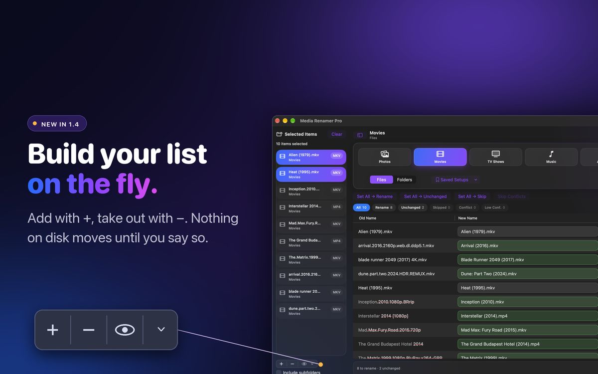 Build your list on the fly in Media Renamer Pro 1.4 on Mac