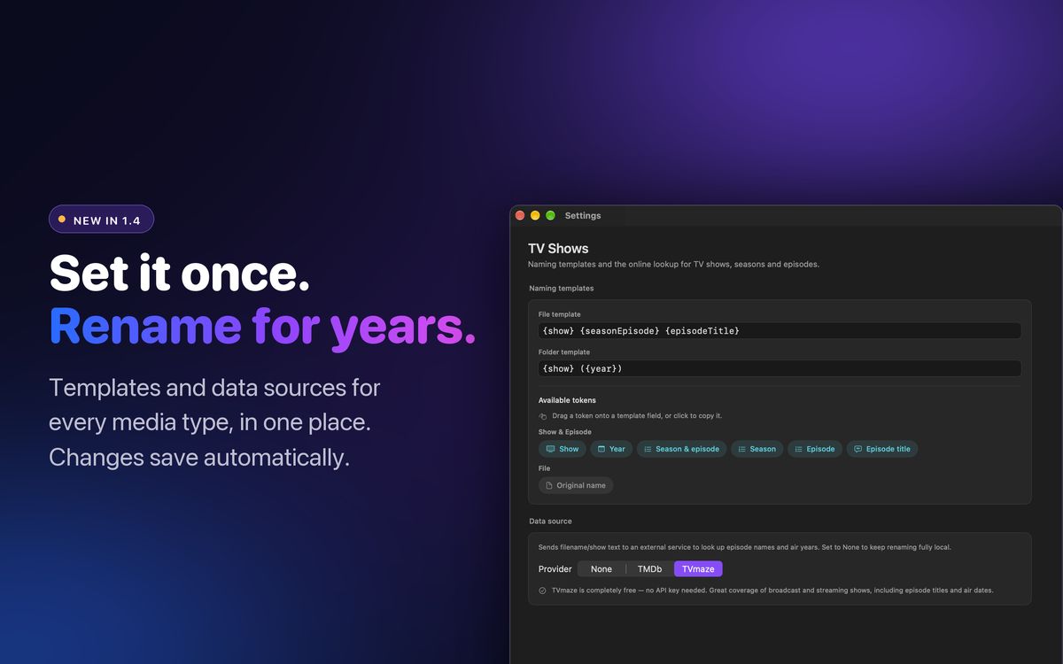 A new Settings that saves itself in Media Renamer Pro 1.4 on Mac