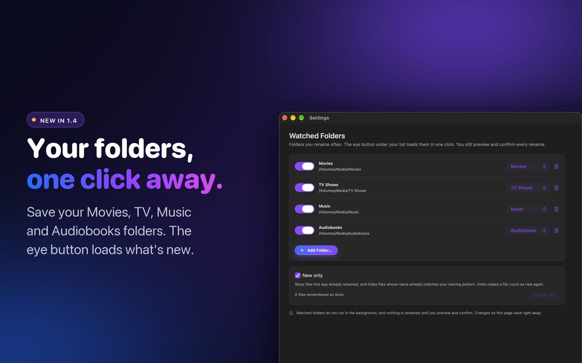 Watched Folders settings in Media Renamer Pro on Mac, with Movies, TV Shows, Music and Audiobooks folders and the New only switch