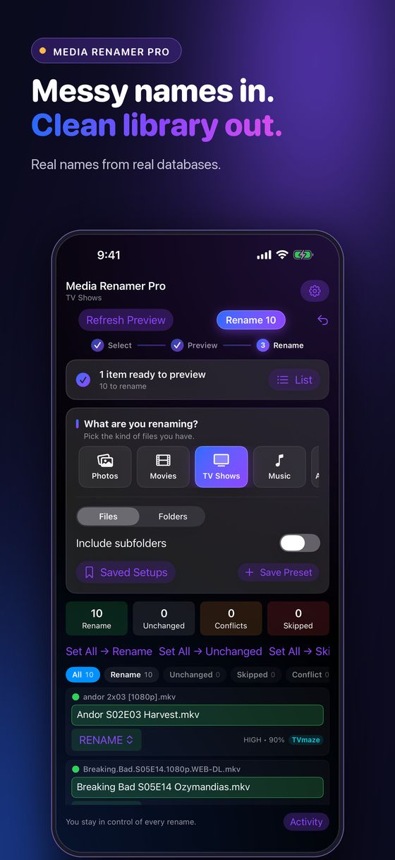 Media Renamer Pro on iPhone renaming TV episodes with real titles
