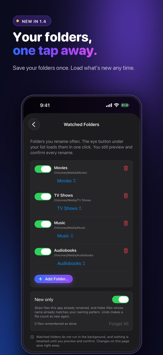Watched Folders on iPhone in Media Renamer Pro