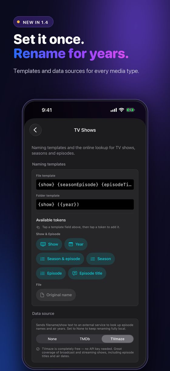 TV naming templates and data source settings on iPhone
